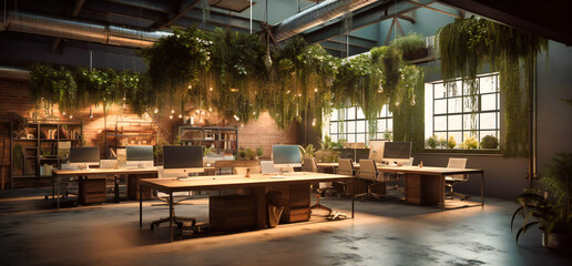 an open office space and a room with furniture and plants