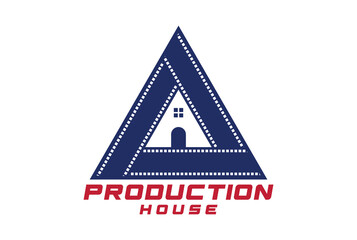 Vintage Triangle Film Strip with House for Movie Cinema Production Studio Logo