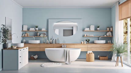 A Scandinavian-inspired bathroom featuring white and light gray walls, natural textures, and soft blues.
