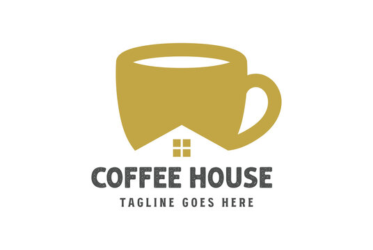 Simple Minimalist Coffee Cup with House for Cafe Bar Restaurant Logo Design