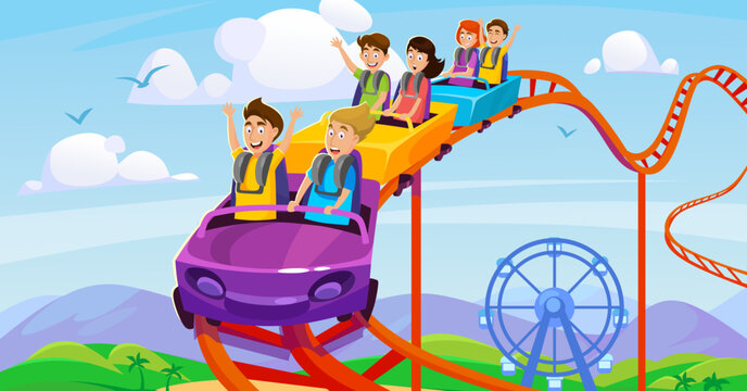 Vector illustration of people riding a rollercoaster in an amusement park. Fun cartoon background with happy boys and girls enjoying the ride. Excited kids with parents on an attraction at a fair.
