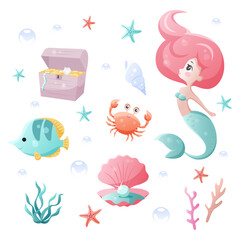Vector set with sea animals and a mermaid. Collection of marine inhabitants in the cartoon style of children. 