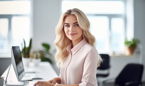 A blond businesswoman in casual attire works diligently at her office desk, focused on her tasks. Generative AI.