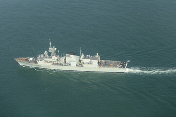 April 8, 2023 Lisbon, Portugal: Canadian frigate at sea from a bird's eye view