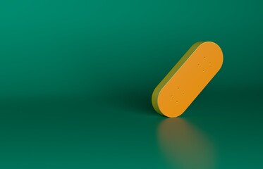 Orange Skateboard icon isolated on green background. Extreme sport. Sport equipment. Minimalism concept. 3D render illustration