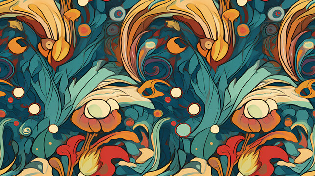 seamless floral pattern,**seamless pattern wallpaper patter inspired by that celebrates the paintings and patterns of Brazil's indigenous peoples, but with an Art Nouveau twist , Ai generated 