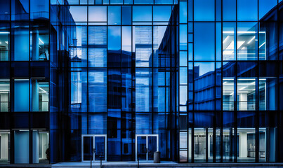 Obraz na płótnie Canvas a modern building with blue windows is highlighted