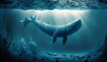 whale in the ocean, underwater side view
