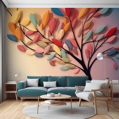 Elegant Abstract Tree with Leaves on Hanging Branches illustration Background. Colorful Tree Branches with Leaves on wall 3D Abstraction Wallpaper for Interior Mural Painting Wall art Decor with AI