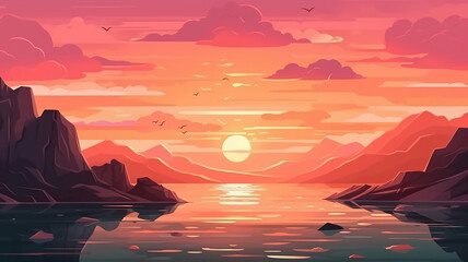 Sunset in the ocean, nature landscape background, pink clouds flying in the sky, Evening  view cartoon illustration, generative AI tools 