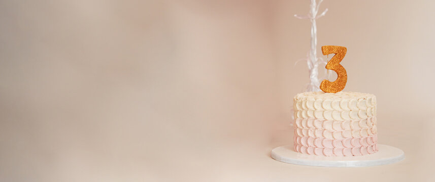 Three years old birthday cake backgrounds, greeting cards or invitation cards for three years' anniversaries or birthdays. Virtual birthday banner. Birthday cake with candle                           