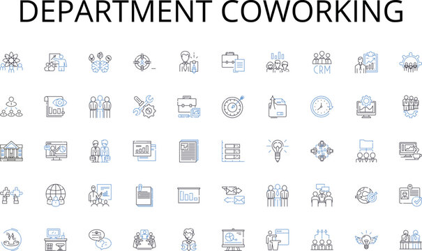 Department coworking line icons collection. Duration, Commute, Trip, Distance, Traffic, Transportation, Trek vector and linear illustration. Expedition,Voyage,Adventure outline signs set