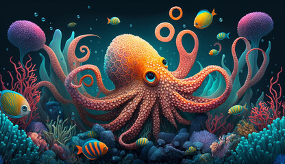 Fototapeta na wymiar under water colorful coral reef with octopus