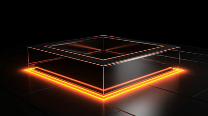 Podium frosted glass floor with orange neon light, on a black background. Illustration, generative AI tools 