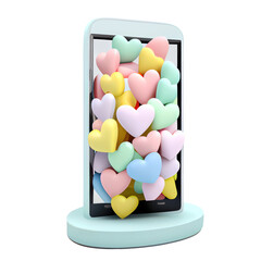 Mobile phone with many little hearts like pastel color symbol social media. 3d trendy abstract collage in magazine urban style. Contemporary art. isolated transparent background png. Generative AI