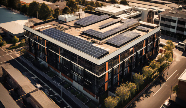 commercial building with solar panels on roof