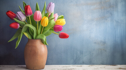 Colorful tulips in vase blue grey wall background