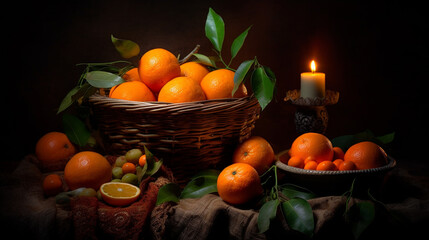 tangerines in a basket, candle in the background