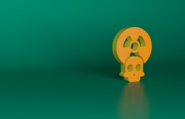 Orange Radioactive icon isolated on green background. Radioactive toxic symbol. Radiation hazard sign. Minimalism concept. 3D render illustration