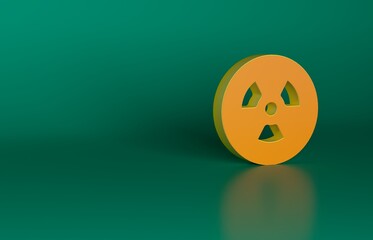 Orange Radioactive icon isolated on green background. Radioactive toxic symbol. Radiation hazard sign. Minimalism concept. 3D render illustration