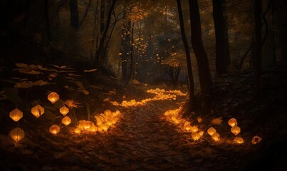 Obraz premium a path in the woods with lit lanterns on the ground. generative ai