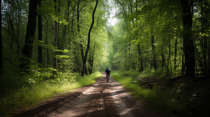 Fototapeta premium A bikerider biking in the forest, generative AI