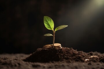 Little plant growing from coins from the ground on blurred dark natural background with sun light effect and copy space for business and financial growth concept. Generative AI.