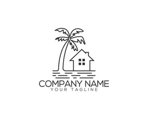 Beach home with palm tree logo design. Cottage with palm tree Line Art Vector Illustration.