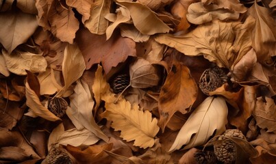  a pile of leaves and acorns on the ground.  generative ai