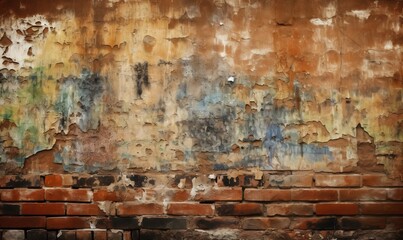  a brick wall with peeling paint and a bench in front of it.  generative ai