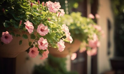  a row of potted pink flowers on a window sill.  generative ai