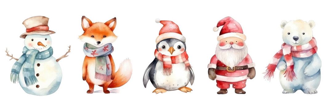Naklejka Set of watercolor characters isolated on white background. Polar bear, fox, penguin, snowman and Santa Claus. Generative ai.