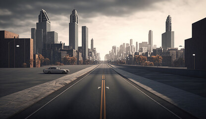 Fototapeta na wymiar empty asphalt road of a modern city with skyscrapers. Generative Ai