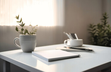 a white desk with a writing tablet pen and a coffee mug