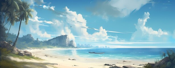 Obraz na płótnie Canvas Sky and sun at sea background, ocean and beach vector island scenery empty cartoon. Ocean or sea water with waves and clouds in sky summer blue seascape with cloudy sky and seaside. Generative Ai