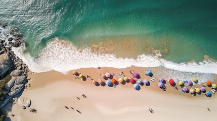 Top view of sandy beach with turquoise sea water and colorful blue umbrellas, aerial drone shot. Generative Ai.