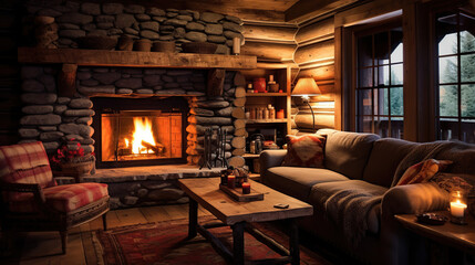 A rustic cabin-inspired room with a cozy fireplace and log cabin walls. AI generated