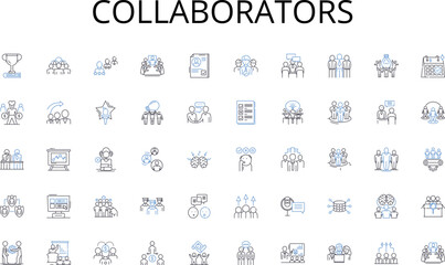 Collaborators line icons collection. Communication, Interaction, Conversation, Exchange, Understanding, Discourse, Language vector and linear illustration. Expression,Verbalize,Speak outline signs set - obrazy, fototapety, plakaty