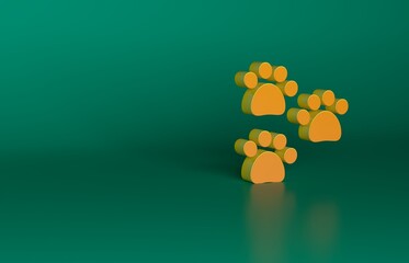 Orange Paw print icon isolated on green background. Dog or cat paw print. Animal track. Minimalism concept. 3D render illustration