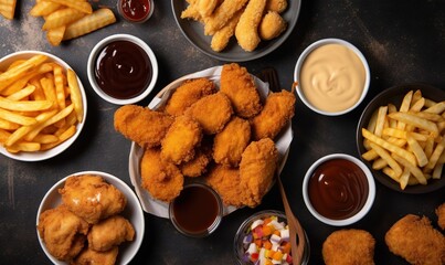  a bunch of food that is on a table with some sauces.  generative ai