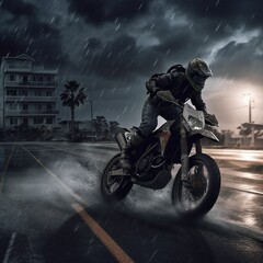 Dirt bike rider on the streets in bad weather