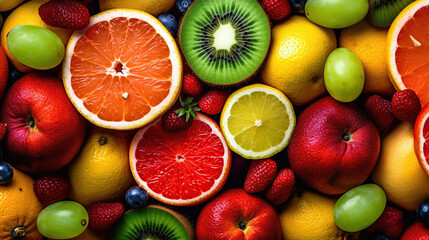 Naklejka na ściany i meble Juicy fruits top view background. Generative Ai