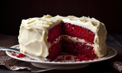  a red velvet cake with white frosting on a plate.  generative ai