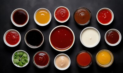  a variety of sauces are arranged in a circle on a black surface.  generative ai