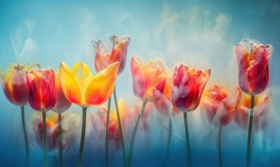  a group of colorful tulips with a blue background.  generative ai