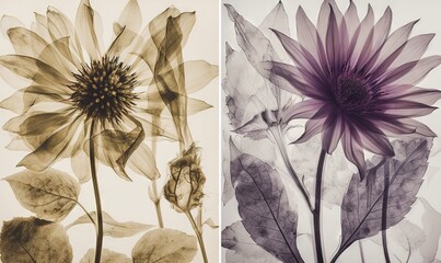  two pictures of a flower and a plant with leaves on them.  generative ai