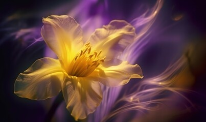 Fototapeta na wymiar a close up of a yellow flower with a purple background. generative ai