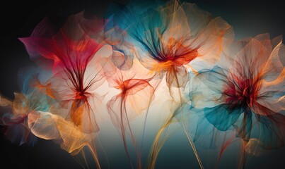  a group of colorful flowers on a black background with a blue background.  generative ai