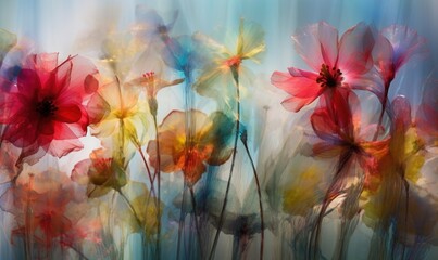  a group of flowers that are in the grass with a sky background.  generative ai