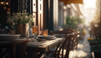 Fototapeta na wymiar Outdoor empty coffee and restaurant terrace with potted plants tables and chairs. Served table and decoration of street cafe. Beautiful Background With colorfull leaves Sunny Autumn Day. Generative AI